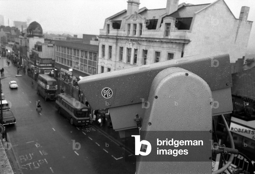 Police using early cctv to combat crime. OPS Cameras positioned around Croydon. Officers in the viewing room at Croydon Police station.
January 1968