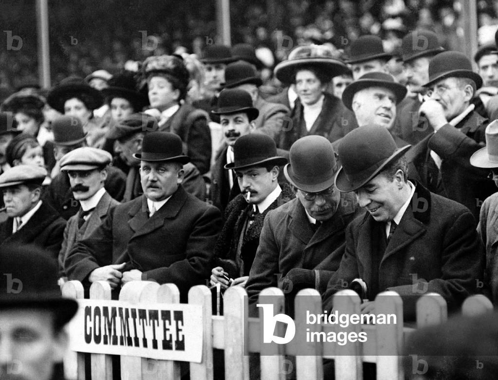 Lord Ninian Stuart (with cigarette) at the football match between Cardiff City and Swansea 23rd November 1908.