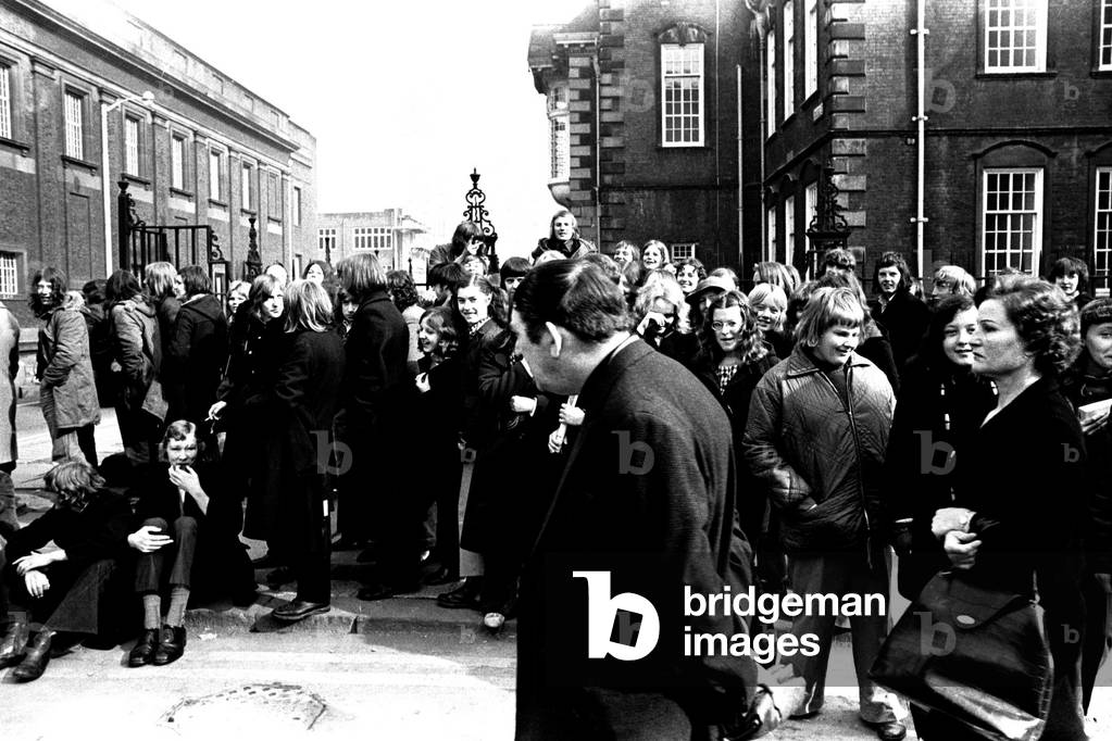Newcastle City Hall was besieged by thousands of pop-crazy youngsters all clammouring for tickets for next month's T-Rex concert, 20 May 1972 (b/w photo)