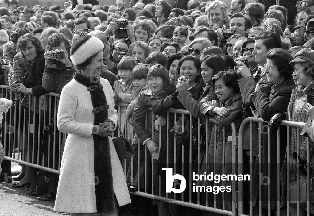 Queen Elizabeth II Opens new London Bridge Here the Queen meets her subjects on a walkabout, 16th March 1973 (b/w photo)