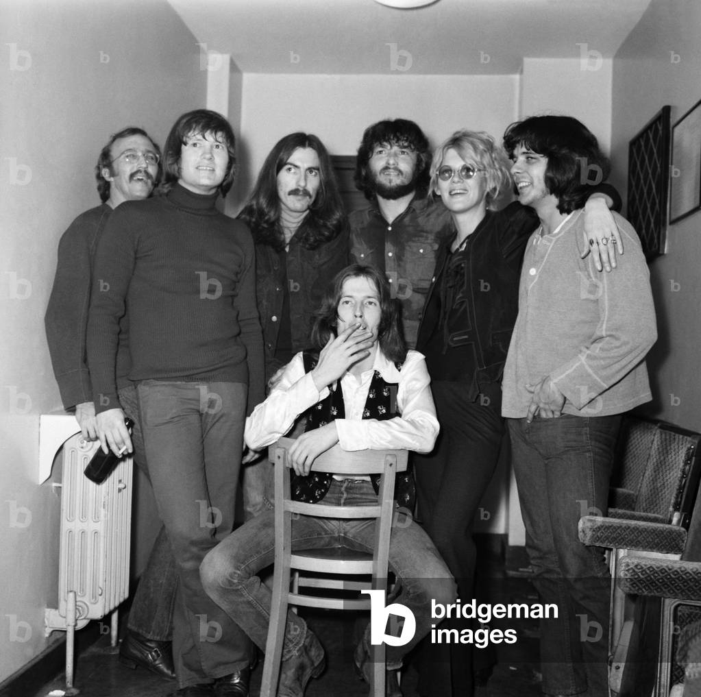 Beatle George Harrison with Pop group Delaney and Bonny and the friends. 
l-r Carl Radle, Bobby Keys, George Harrison, Delaney Bramlett, Bonnie Bramlett, Jim Gordon with Eric Clapton seated. Picture at Colston Hall, Bristol. December 1969