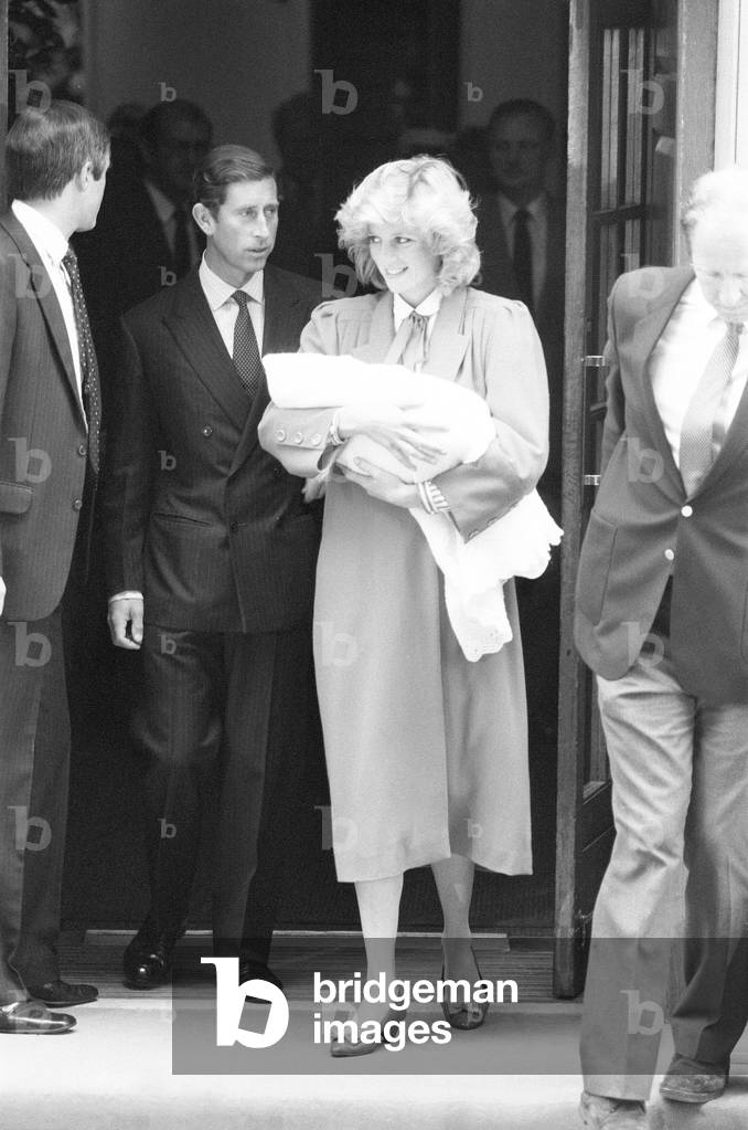 Charles and Diana leaving St Mary's Hospital after the birth of their son Harry, September 16, 1984 (b/w photo)