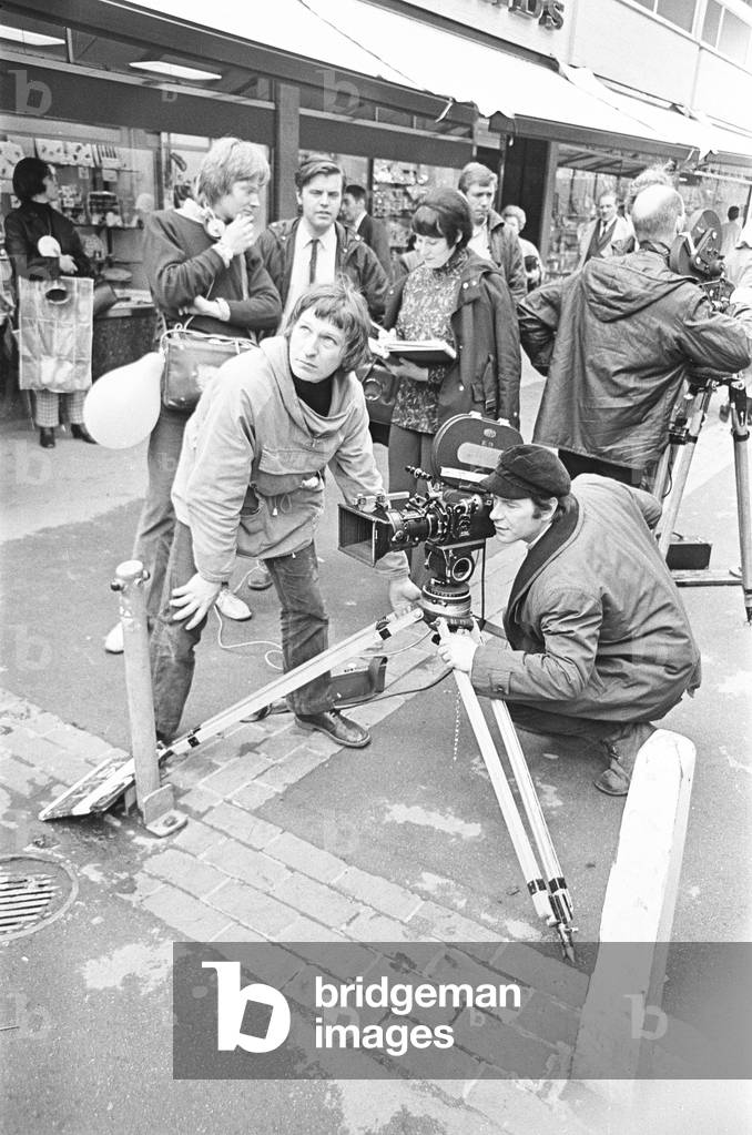 Reading Post Z Cars location film unit filming outside Woolworth in Maidenhead. May 1969 (b/w photo)