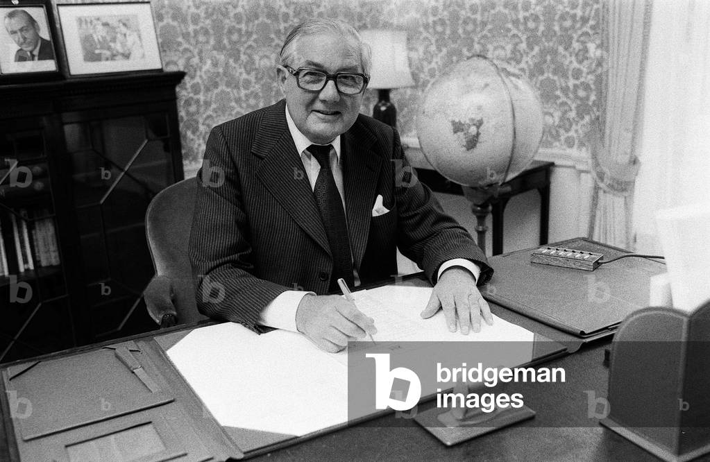 James Callaghan Sept 1978 sitting at his desk at No.10 Downing Street, London.