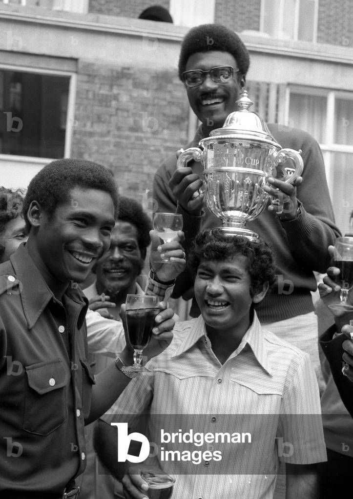 Clive Lloyd and his victorious West Indians after defeating the Australians in the Cricket World Cup Final 1975, seen here at the Kensington Hotel, June 1975 (b/w photo)
