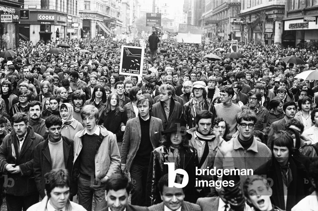 Crowds of protesters make their way up the Strand during a mass demonstration against the war in Vietnam, 27th October 1968 (b/w photo)