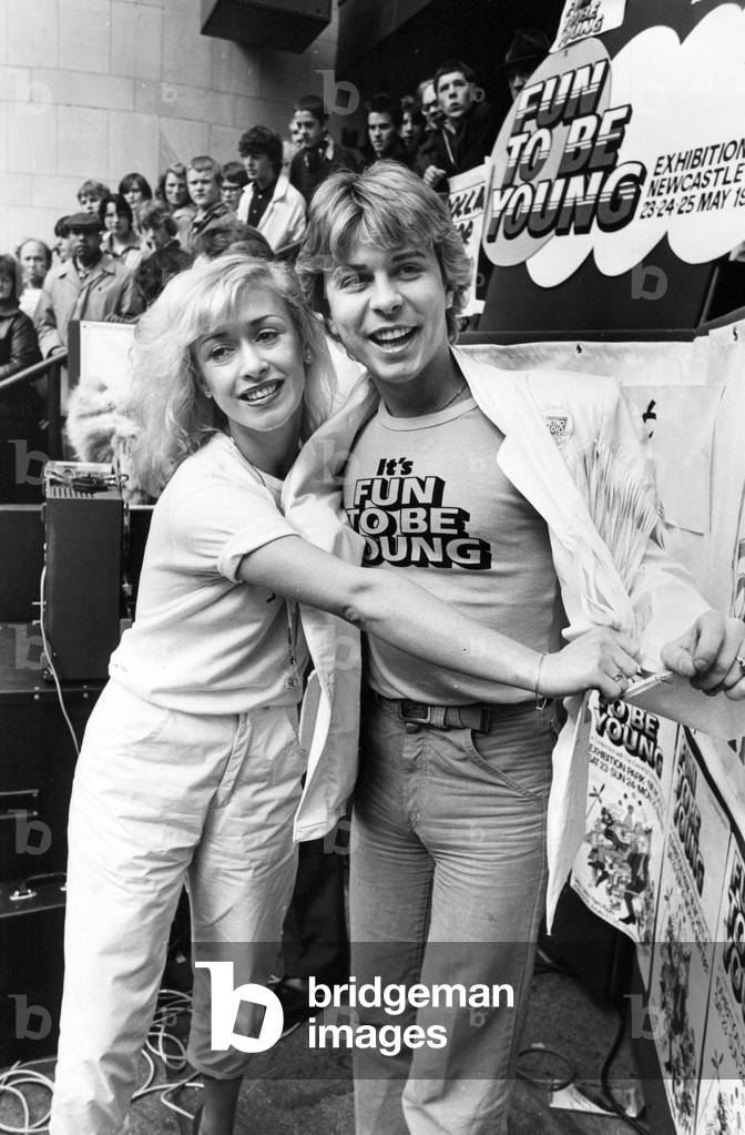 Pop Group Dollar, David Van Day and Thereza Bazar, in Newcastle to launch the Fun to be Young event 1 May 1981 (b/w photo)