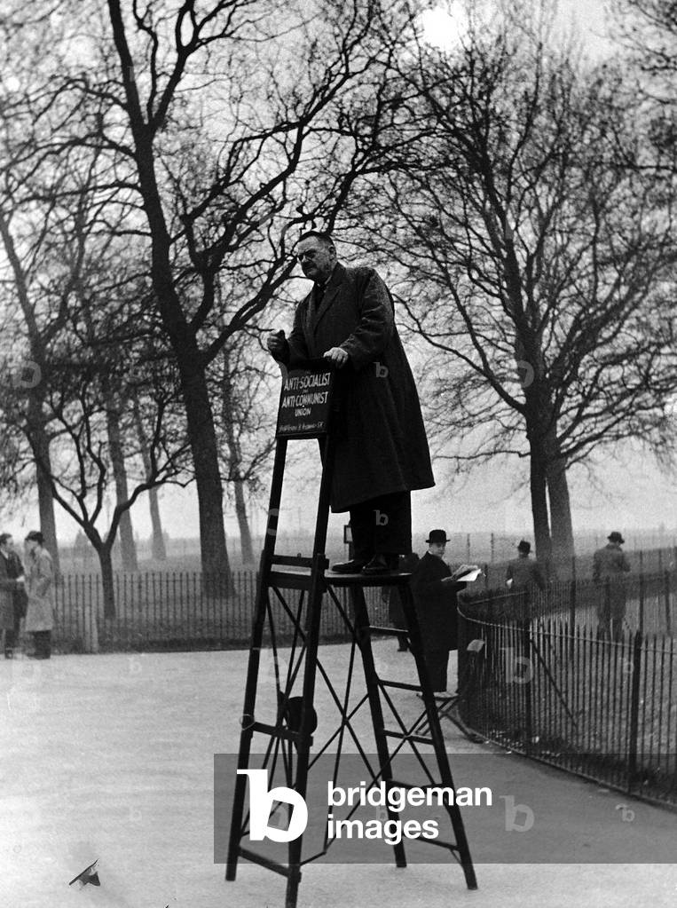 A speaker in Hyde Parks Speakers Corner who did not have a single listener, c.1930 (b/w photo)
