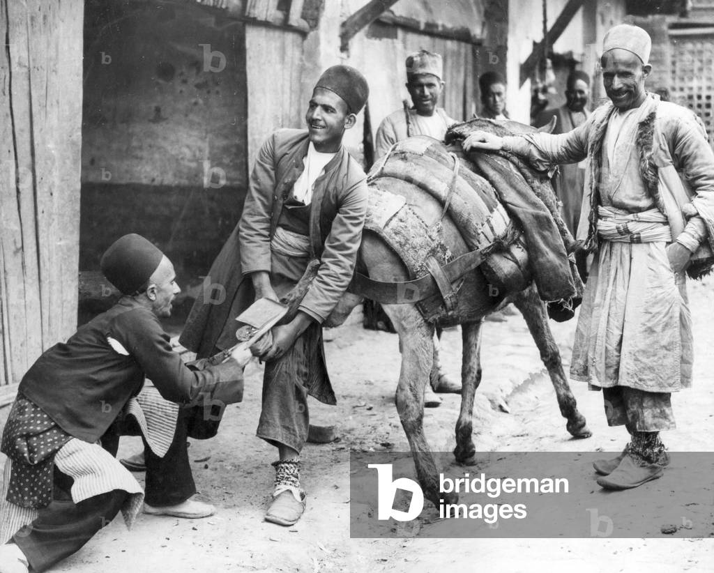 Persians shoeing a mule in Hamadan, capital city of Hamadan Province of Iran, c. 1926 (b/w photo)