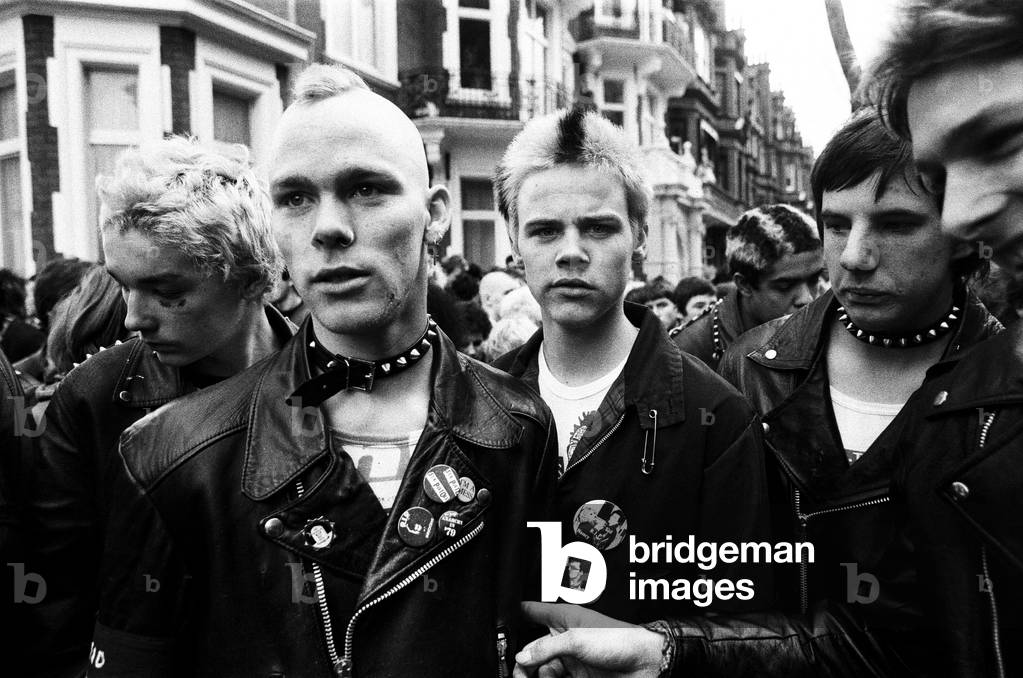 Punk rockers march in London, 3rd February 1980 (b/w photo)