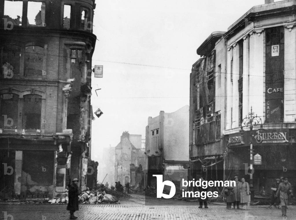 Coventry blitz Bomb damage at Broadgate in Coventry City centre after an air raid in World War II, November 1940 (b/w photo)