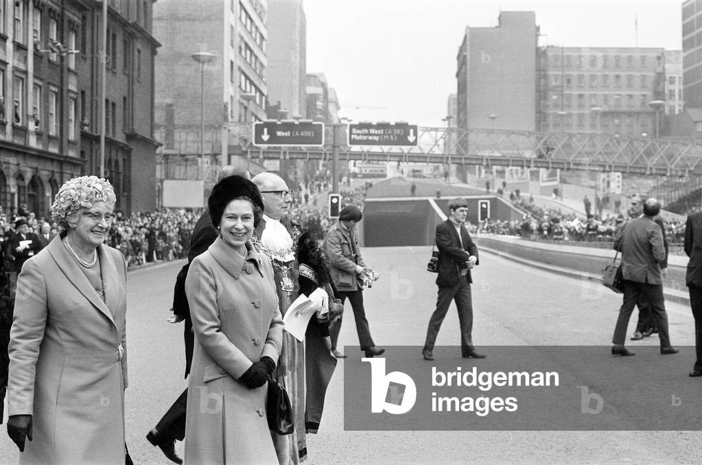 Queen Elizabeth II Visits Birmingham, to open the Great Charles Street Queensway tunnel, part of the A38, 7th April 1971 (b/w photo)