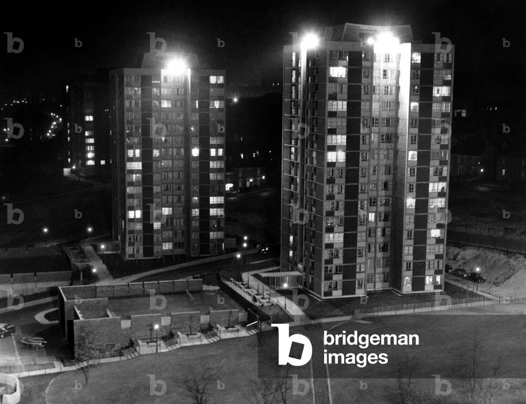 A new system of floodlighting at the high rise flats at Cruddas Park Housing Estate in Newcastle 20 September 1964
