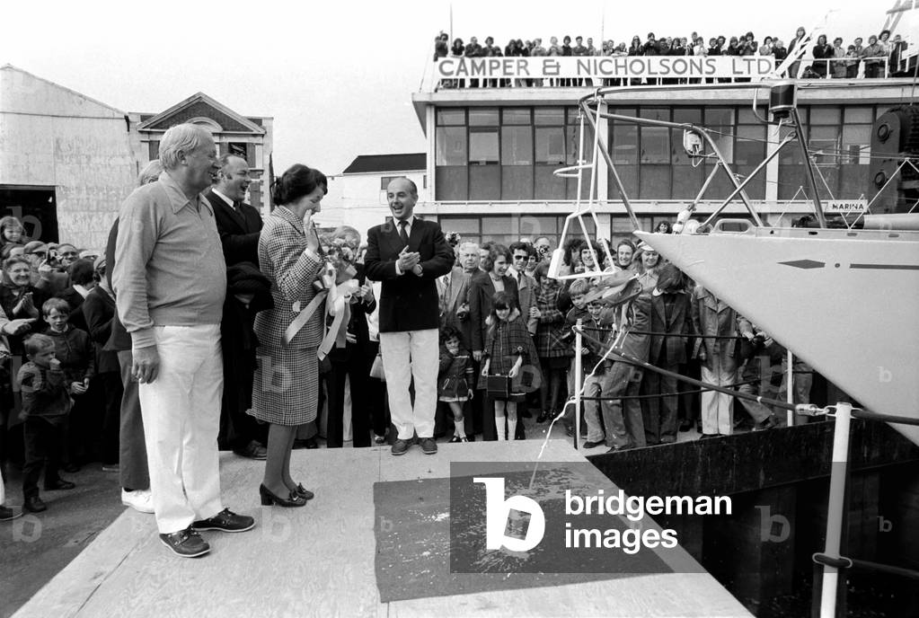Former Conservative Prime Minister Edward Heath at launching of a new yacht, May 1975 (b/w photo)