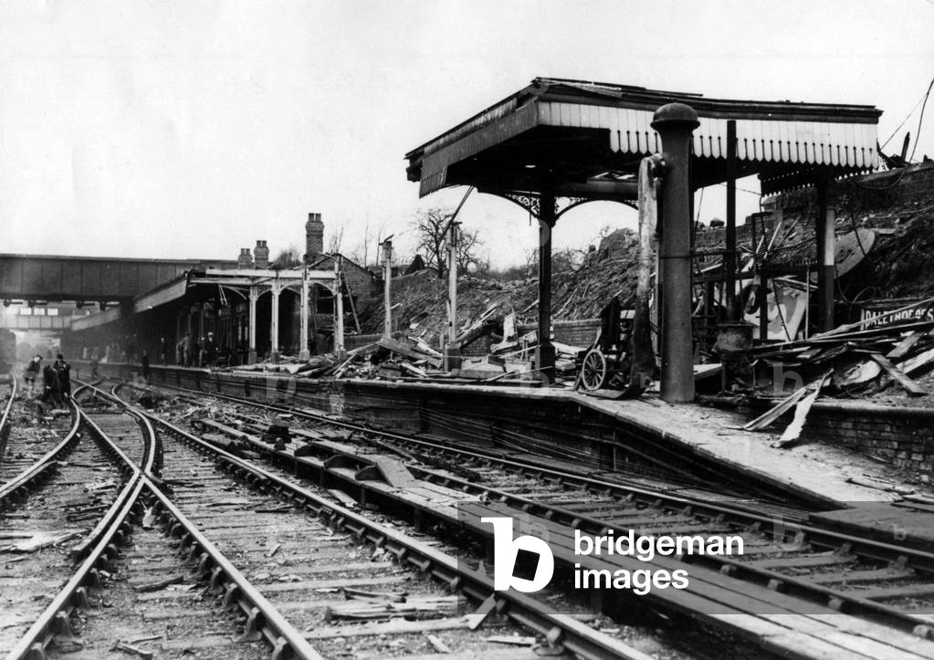 Bomb damage to Coventry rail station. The station was completely rebuilt in 1960. This image is taken after November 1940 or April 1941 c.1940 (b/w photo)