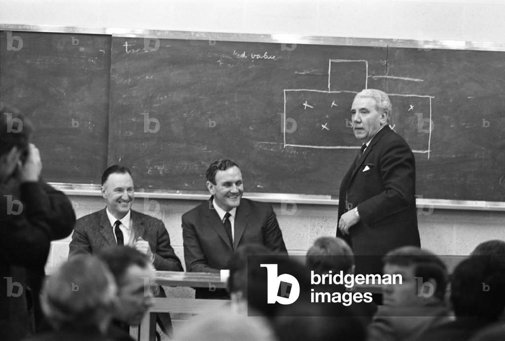 Football Association teach-in at Leeds University with Sheffield United manager John Harris, Leeds manager Don Revie and Johnny Steele of Barnsley. 12th February 1969 (photo)