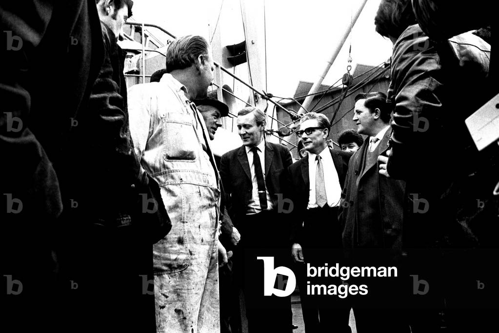 The Minister of Technology Mr. Anthony Wedgewood Benn visiting Palmers Shipyard at Hebburn, May 1970 (b/w photo)