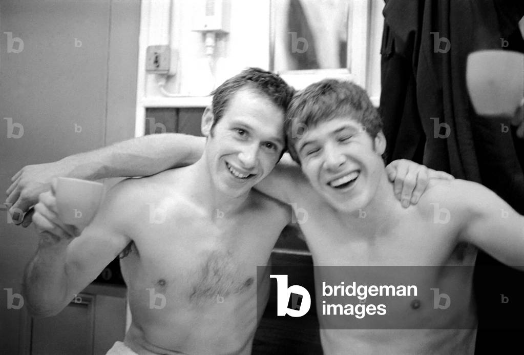English League Division One match at Goodison ParkEverton 0 v Liverpool 3. Emlyn Hughes and teammate celebrate in the dressing room after the match. December 1969 (photo)