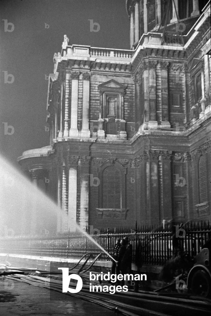 The Great Fire of London - Firemen fighting the blaze next to St Pauls Cathedral, 29th December 1940 (b/w photo)