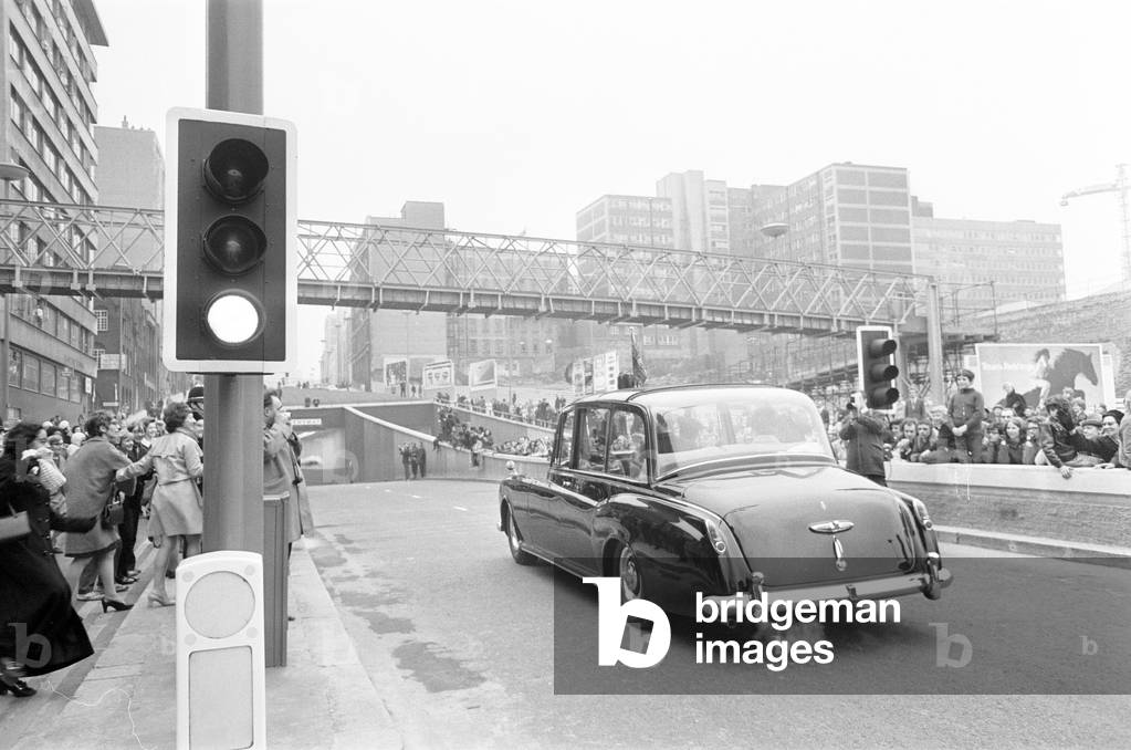 Queen Elizabeth II Visits Birmingham, to open the Great Charles Street Queensway tunnel, part of the A38, 7th April 1971 (b/w photo)