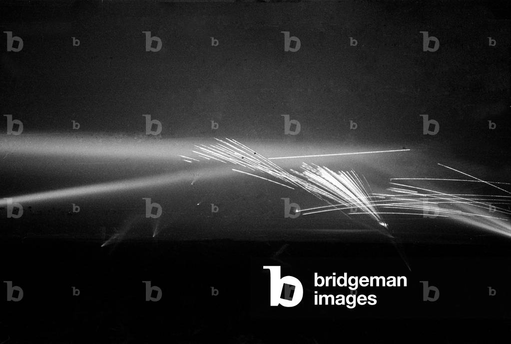 Time lapse photography of the destruction of a swarm of V1 flying bombs by the armys search light and anti aircraft batteries stationed on the coast at Folkestone Circa 1st August 1944 (b/w photo)