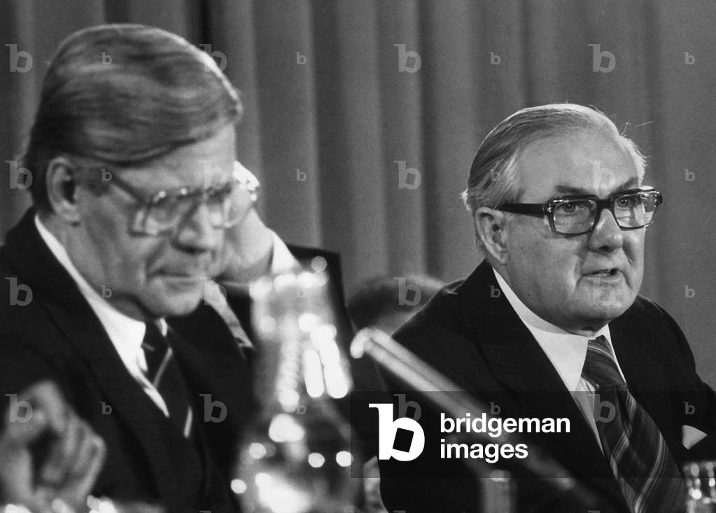 James Callaghan MP Labour Prime Minister with German Chancellor Herr Helmut Schmidt at a press conference 1978