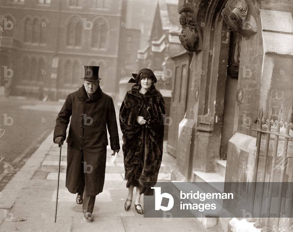 Winston Churchill is seen with his wife Clementine Churchill at Leicester where he was adopted as Liberal candidate for the West Division, November 1923 (b/w photo)