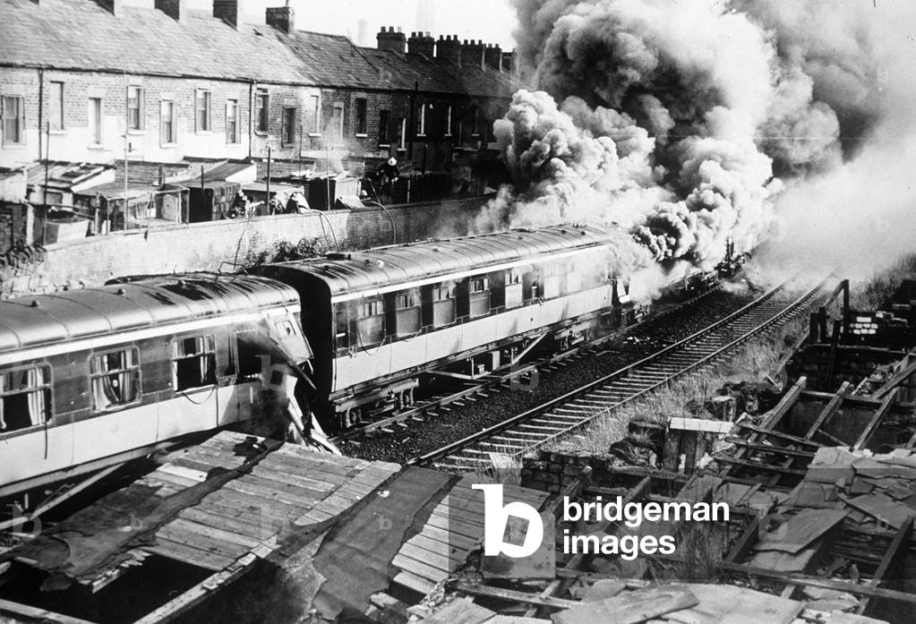 IRA cause, Mayhem by bombing train on the Dublin-Belfast railway line, 12th October 1978 (b/w photo)