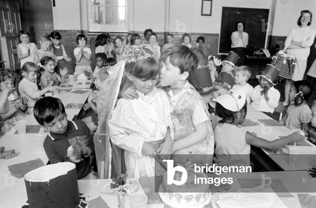 School Wedding at the Sir William Burrough Primary School Salmon Lane, Stepney, East 1, June 1970