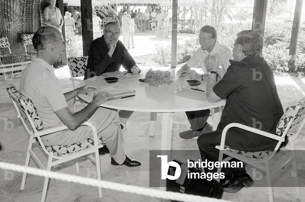 Prime Minister James Callaghan in talks with President Carter, Chancellor Schmidt and French President Valery D'Estaing at the International Conference, Guadaloupe (b/w photo)