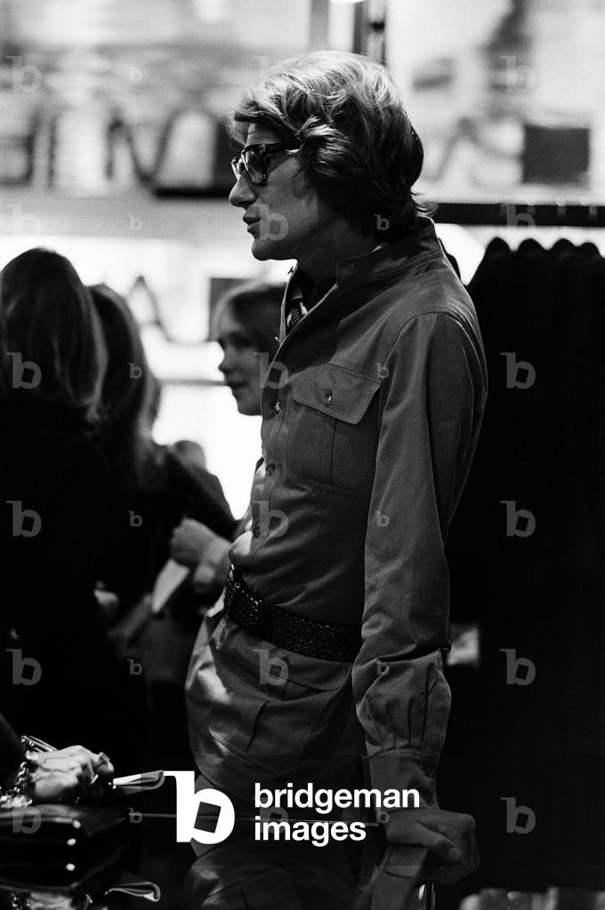 Yves Saint Laurent in his first London store, 1969 (b/w photo)