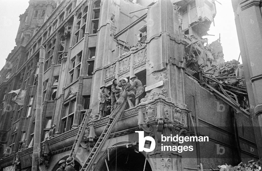 Rescue operation on City Road after daylight raid, 11th October 1940 (b/w photo)