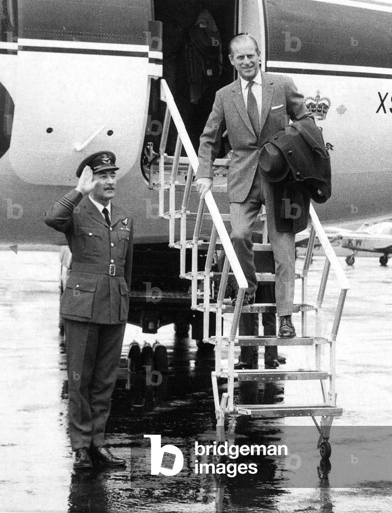 Prince Philip, Duke of Edinburgh, lands at Carlisle Airport, 27/04/1973 (b/w photo)