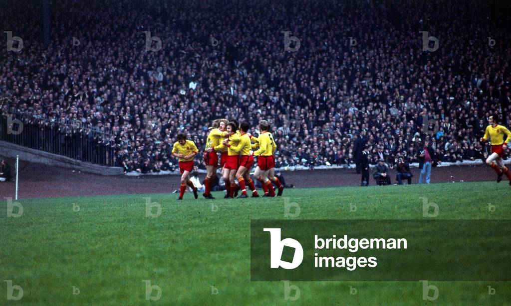 1971 Scottish league Cup Final at Hampden Park. Celtic 1 v Patrick Thistle 4 Alex Rae of Patrick Thistle is congratulated by team mates after scoring the first goal, 23rd October 1971 (b/w photo)