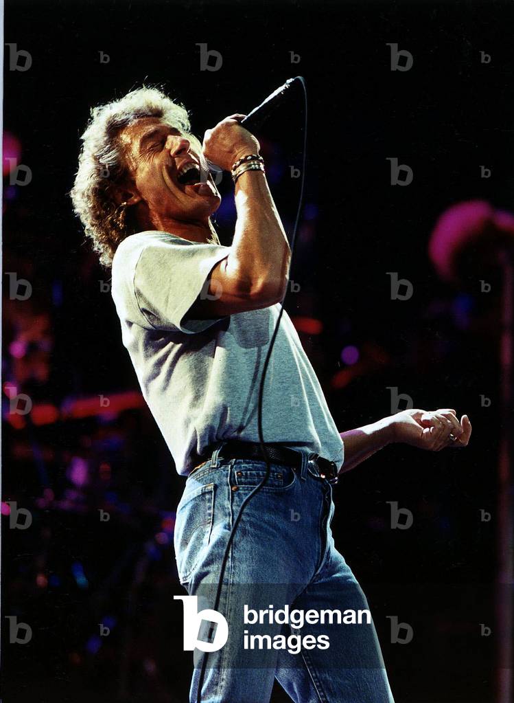 Roger Daltrey Singer from the rock group The Who singing on stage, July 1989 (photo)