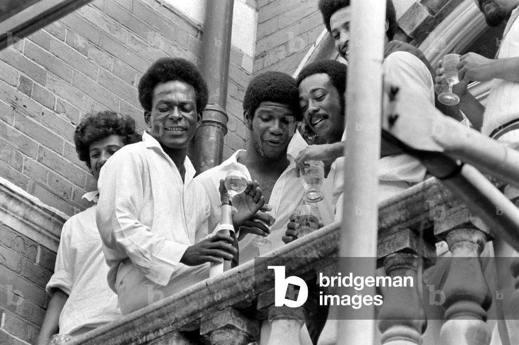 England v West Indies at The Oval. West Indies won by 158 runs. West Indian players celebrate after the win, 31st July 1973 (b/w photo)