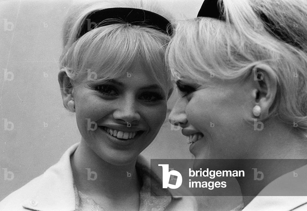 Actress Britt Ekland looking in mirror, c. 1960s (b/w photo)