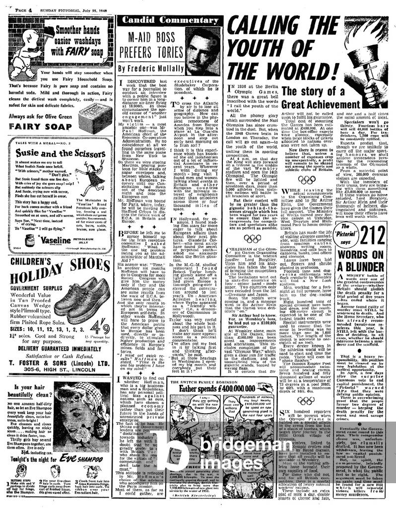 Newspaper coverage of the London Olympics 1948. Headline: Calling The Youth Of The World. Published: 25th July 1948 (b/w photo)