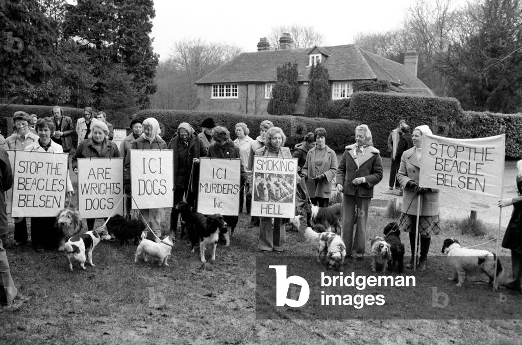 Demonstrators against the use of Beagles by ICI in smoking experiments at Burnham Beeches, February 1975