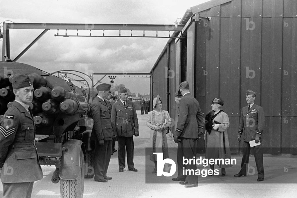Royal Party at Hook, Queen Mother at Balloon Barage, Esher A.R.P. April 1939