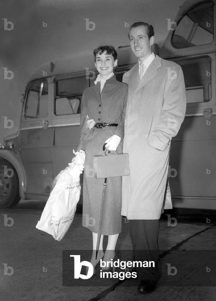 Actress Audrey Hepburn in Northolt with her fiancé James Mason September 1952 (b/w photo)