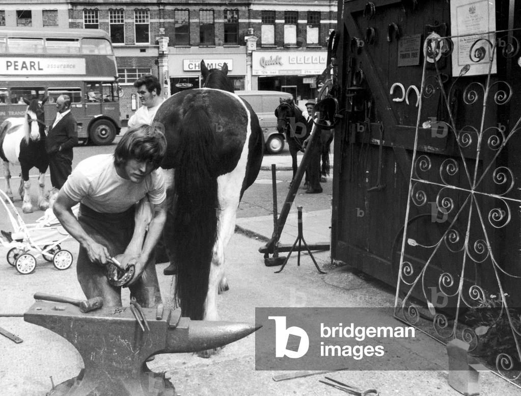 23 year old Londoner Derek Dewdney the village blacksmith of Brent, London, shoes the horses at his forge against a back cloth of a teeming street as tankers, trucks and buses thunder by, 30th July 1970 (b/w photo)
