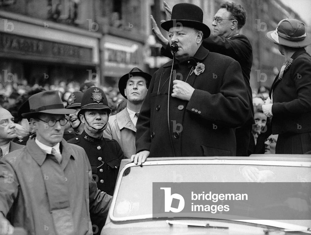 Winston Churchill giving election speech during the General Election campaign of 1945 (b/w photo)