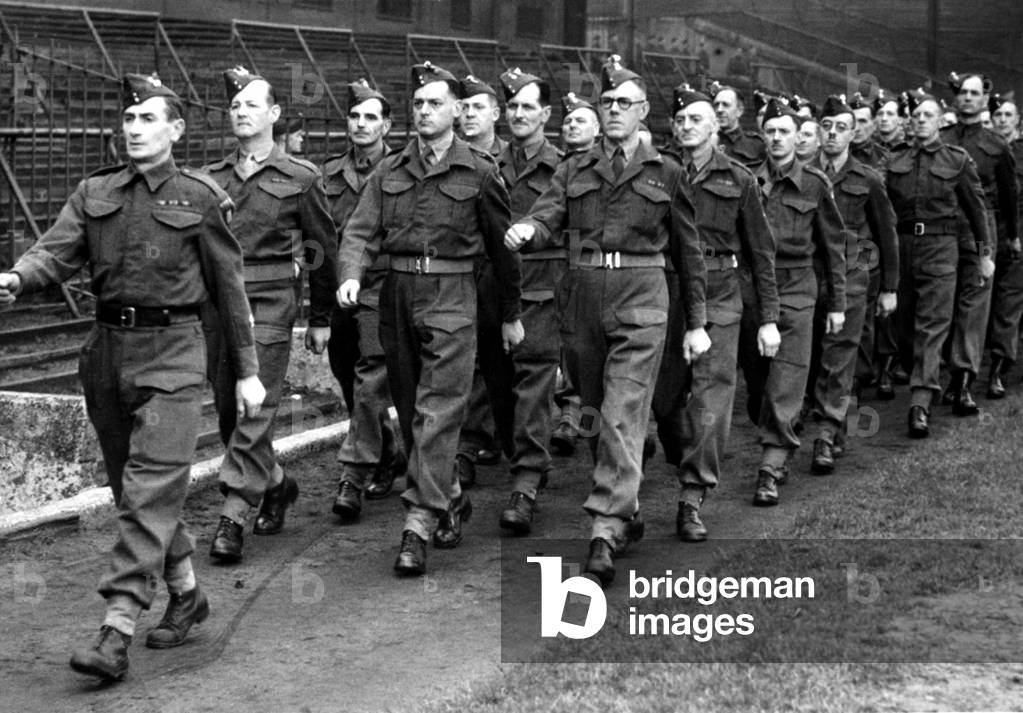 Northumberland Home Guard units attend a St George's Day service at St James' Park, Newcastle, 24th April 1944 (b/w photo)