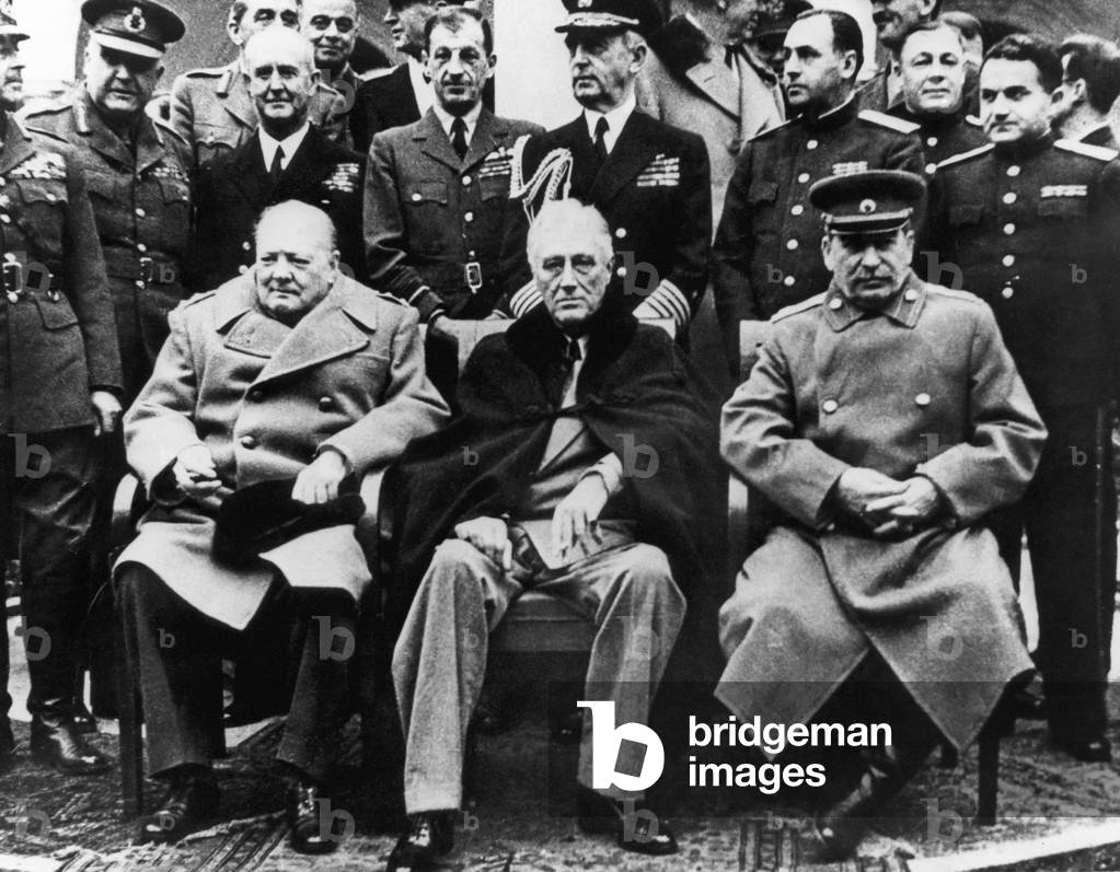 Winston Churchill PM with Franklin Roosevelt and Joseph Stalin at the Yalta Conference. February 4 to 11, 1945 (b/w photo)