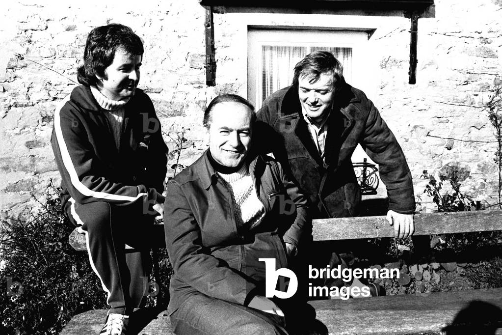Actors Rodney Bewes and James Bolam of 'Whatever Happened To The Likely Lads' pictured on location in Tyneside with television producer and head of comedy at the BBC, James Gilbert. 12th October, 1973 (b/w photo)