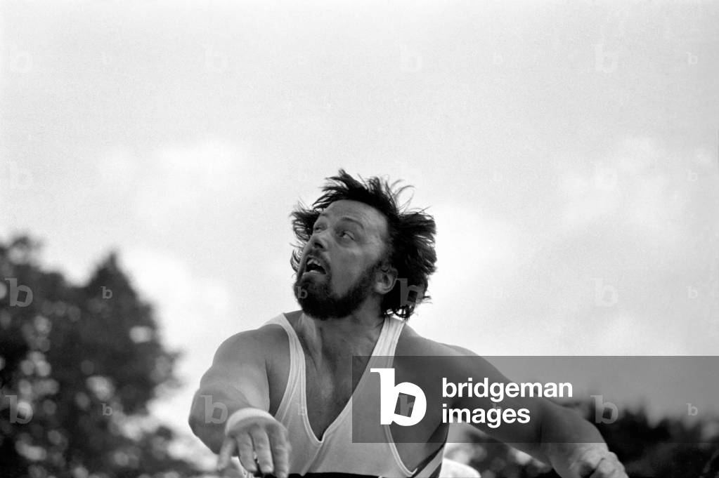 Geoff Capes. Shot putt seen here at G.B. vs. USSR. Crystal Palace, August 1975 (b/w photo)