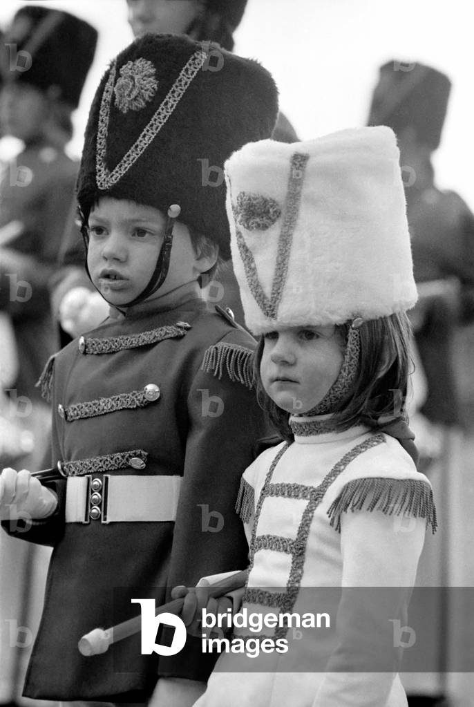 Passing Out Parade: 4 year old Joanne Cardy and 6 year old Kevin Hunt both from Brightlingsea, Essex, April 1977 (b/w photo)