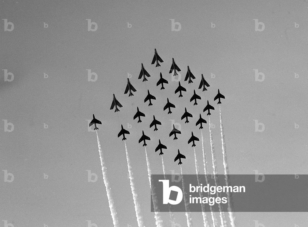 SBAC Farnborough Air Show 1962 - Aircraft, 7 English Electric Lightning F1's of, 74 Sqd fly in formation with, 18 Hawker Hunter's of 92 Sqd's Blue Diamonds formation team, 1962 (b/w photo)