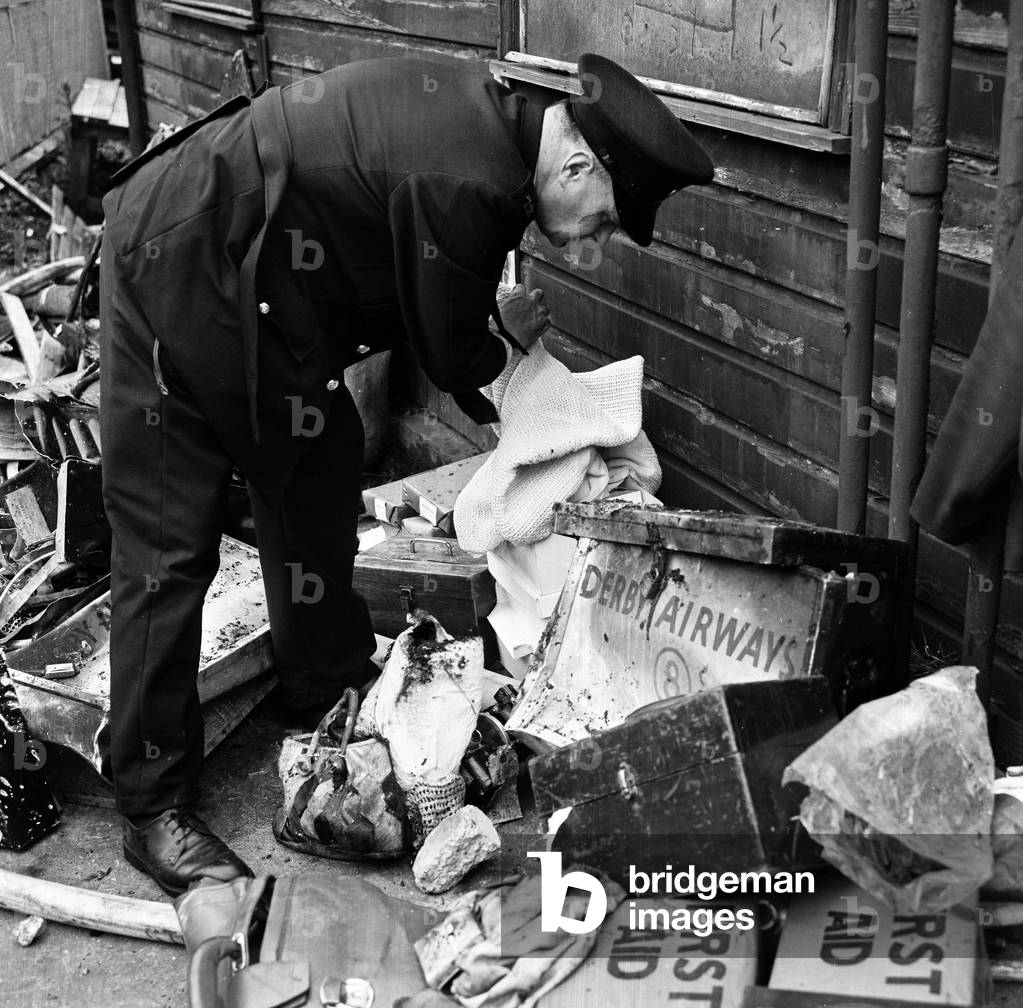 Stockport Air Disaster was the crash of a Canadair C-4 Argonaut aircraft owned by British Midland Airways, registration G-ALHG, near the centre of Stockport, Greater Manchester, England on Sunday 4 June 1967 (b/w photo)